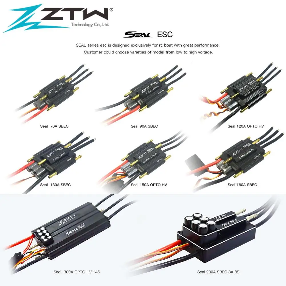 Серия ZTW Seal 70A 90A 120A 130A 150A 160A 200A 300A, водонепроницаемый бесщеточный ESC для радиоуправляемой лодки, ESC