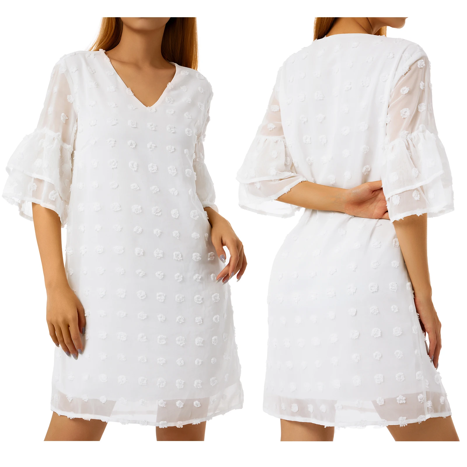 

Женское Двухслойное шифоновое платье-трапеция в горошек, с V-образным вырезом и коротким рукавом