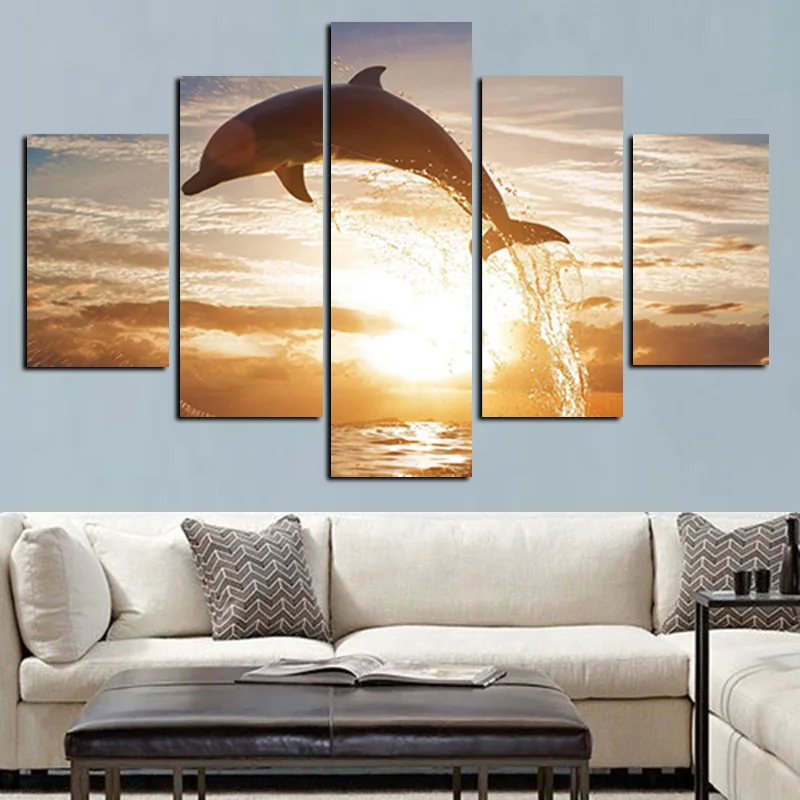 

5Panel Dolphin Sunset Animal Seascape Art Canvas Painting Poster and Prints Modular Wall Pictures for Living Room Home Decor