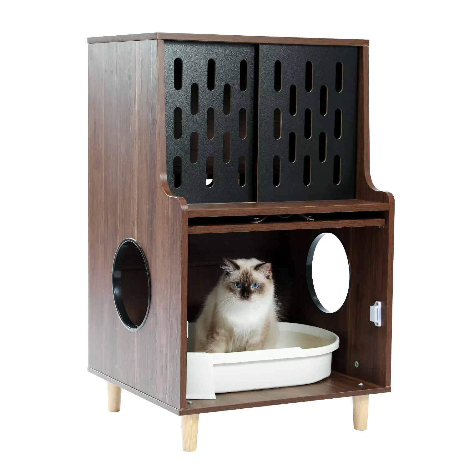 

NEW Cat Litter Box Enclosure Cat House Side Table with Divider Cats Furniture Cabinet Sliding Door Pet Supply Storage Room Indoo