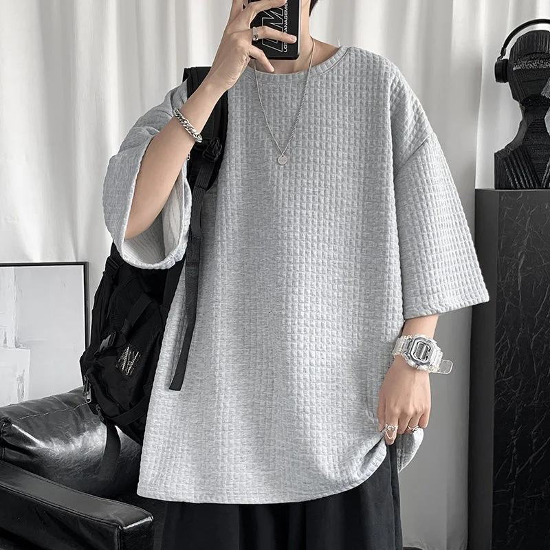 

O-neck Solid Color Plaid Korean Fashion Loose Casual Harajuku Streetwear Retro Short-sleeved T-shirt Men