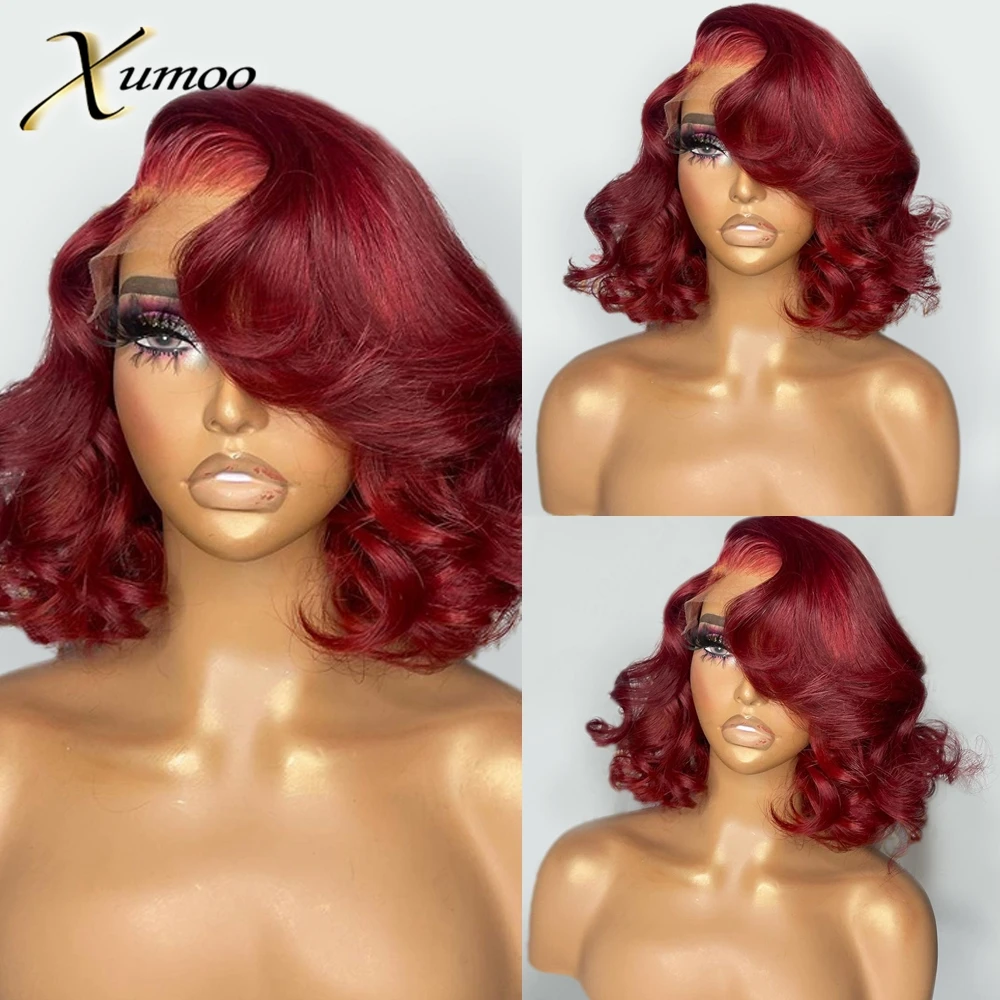 Xumoo Red Color Short Bob Wave Pixie Cut Transparent  4X4 Lace Closure Brazilian Remy Human Hair Wigs For Women Prepluck