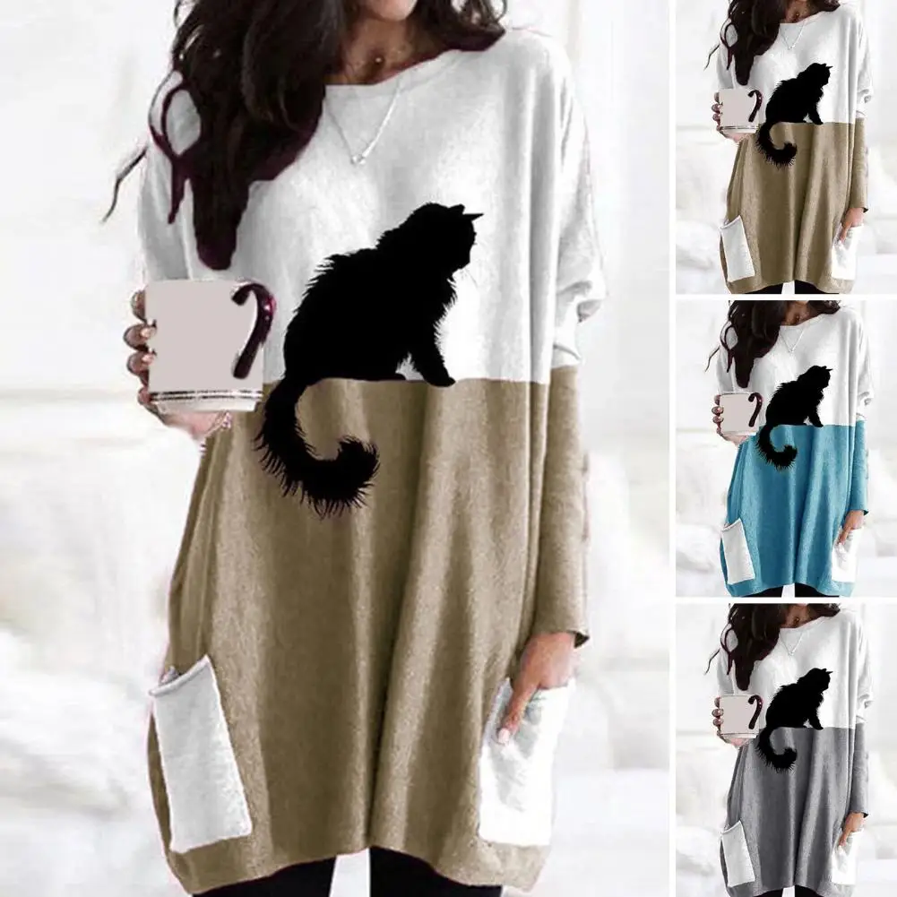 

Топ с длинным рукавом стильный женский свитер с длинным рукавом мягкий тянущийся черный топ с принтом кота с карманами Удобный Повседневный круглый вырез