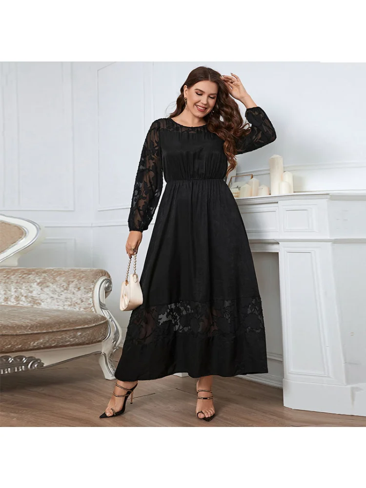 Slightly fat over-the-knee lace dress looks thin long-sleeved temperament plus size dress  party dresses