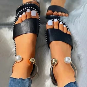 Women Beaded Pearly Sandals Fashion Comfortable Open Toe Flat Shoes Casual Outdoor Buckle All-match Slippers Zapatos Nina