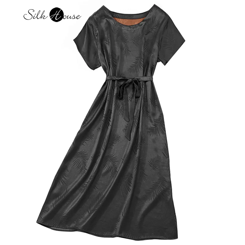 

Женское эластичное атласное платье, черное платье из шелка тутового шелкопряда с круглым вырезом и коротким рукавом, лето 2022