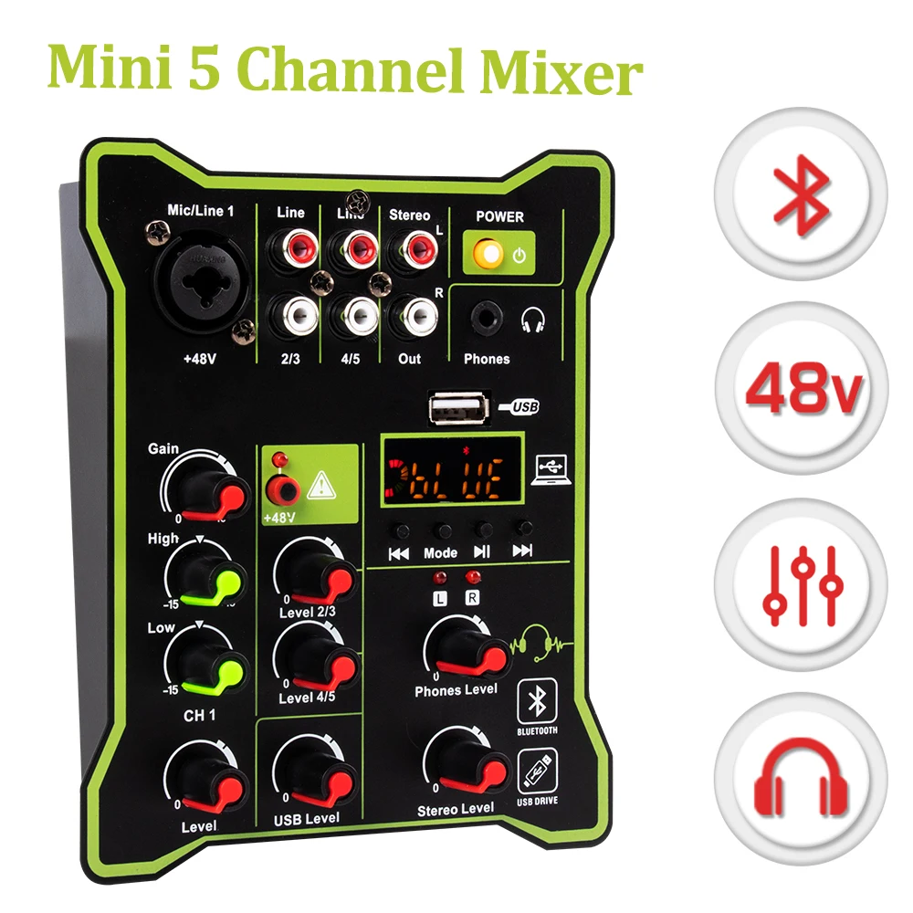 Mini 5 Channel Mixer DSP Effects Bluetooth USB Computer Play