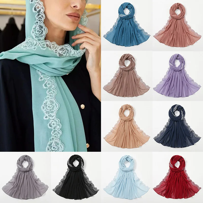 

Plain Lace Scarf Bubble Chiffon Hijabs for Women Solid Color Embroidered Scarfs Chiffon Muslim Woman Veil Eid Abaya Woman Turban