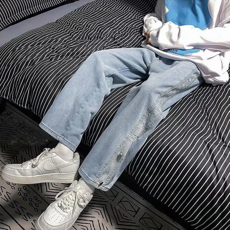 Men's Retro Harajuku Chessboard Print Patchwork High Street Loose Straight Wide Leg Denim Trousers Male Casual Baggy Jeans Pants