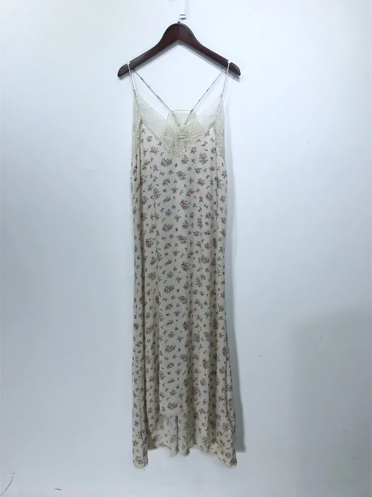 

Women Lace Trim Patchwork V-neck Flower Print Off-shoulder Midi Sling Dress
