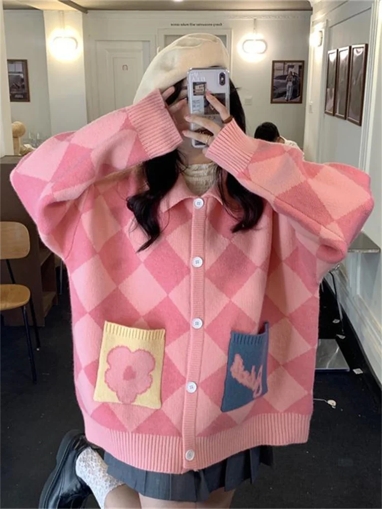 

QWEEK Kawaii Pink Cardigan Sweater Women Korean Fashion Cute Sweet Green Plaid Jumper Oversized Girly School Pockets Outerwear