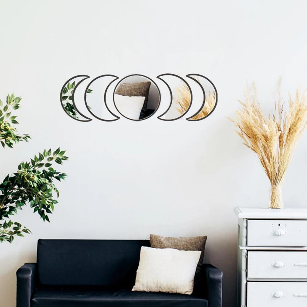 

5pcs Sticker Bedroom Ornament Wooden Frame Nursery Shatterproof Moon Phase Home Decor DIY Living Room Wall Mirror Gift Apartment