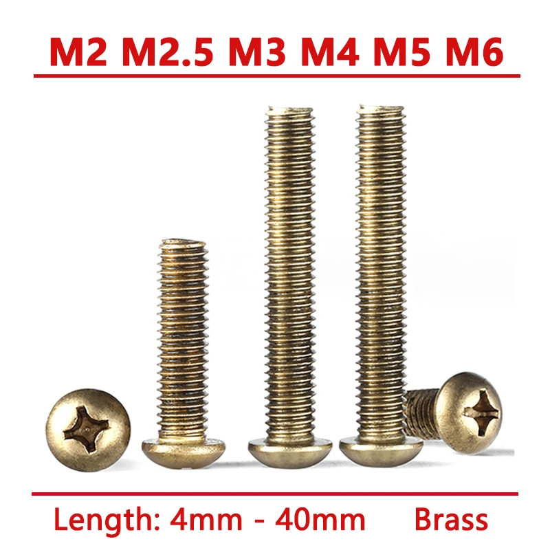 

M2 M2.5 M3 M4 M5 M6 Solid Brass Phillips Round Head Screw Cross Pan Button Head Bolt Thread Length 4-40mm Corrosion Resistant