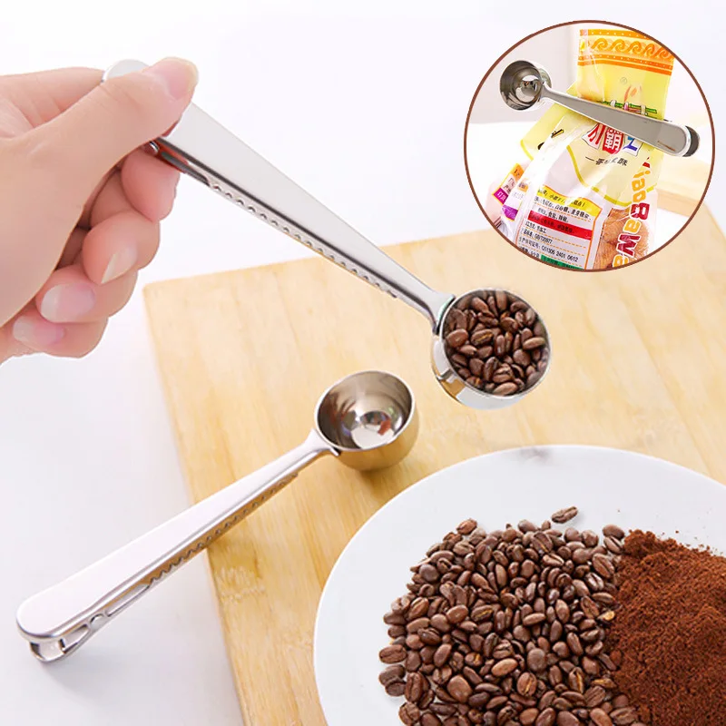 

Multifunctional Two-in-one Stainless Steel Coffee Spoon With Sealing Clip Milk Powder Spoons Seasoning Spoon Ice Cream Spoons