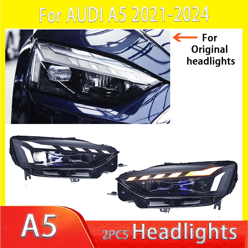 Фото Автомобильные фары для Audi A5, фара 2021-2024 A5, передний фонарь DRL, указатель поворота в сборе, ближний свет, высококачественная светодиодная матричная линза №2