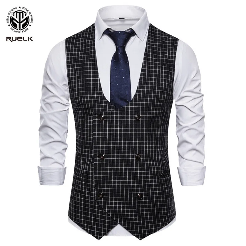 

New Fashion Suit Vest European and American Business Casual U-neck Double-breasted Plaid Print Men's Best Man Wedding Emcee Vest