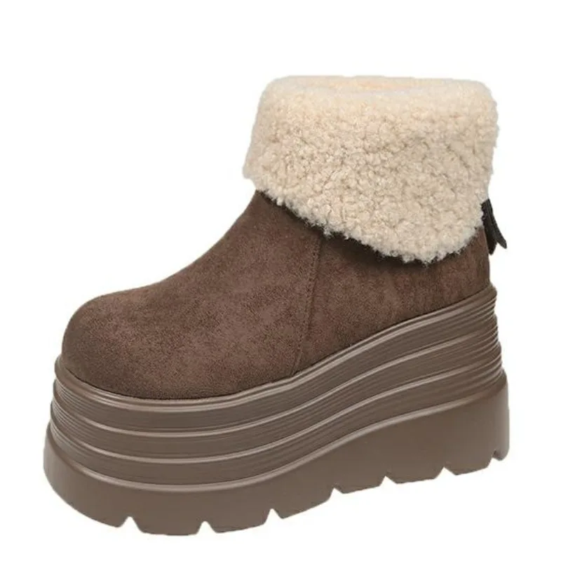 10CM Women Fur Snow Boots Suede High Heels Cotton Shoes Short Plush Casual Platform Ankle 2025 Trend Winter Warm Botas