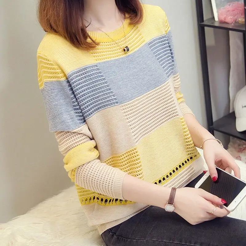 

2023 Knitted Tshirts Loose Clothes Crochet Striped Women's T Shirts 90s Vintage Female Tops Luxury High Quality Novelties O Tees