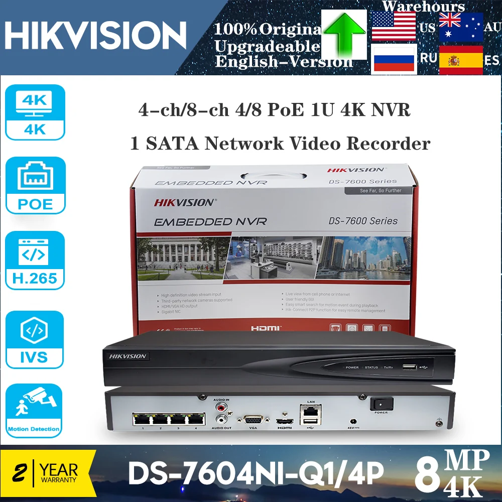 Оригинальный Hikvision DS-7604NI-Q1/4P 4CH 4POE NVR 4MP H.265 + 1 SATA для сетевого видеорегистратора