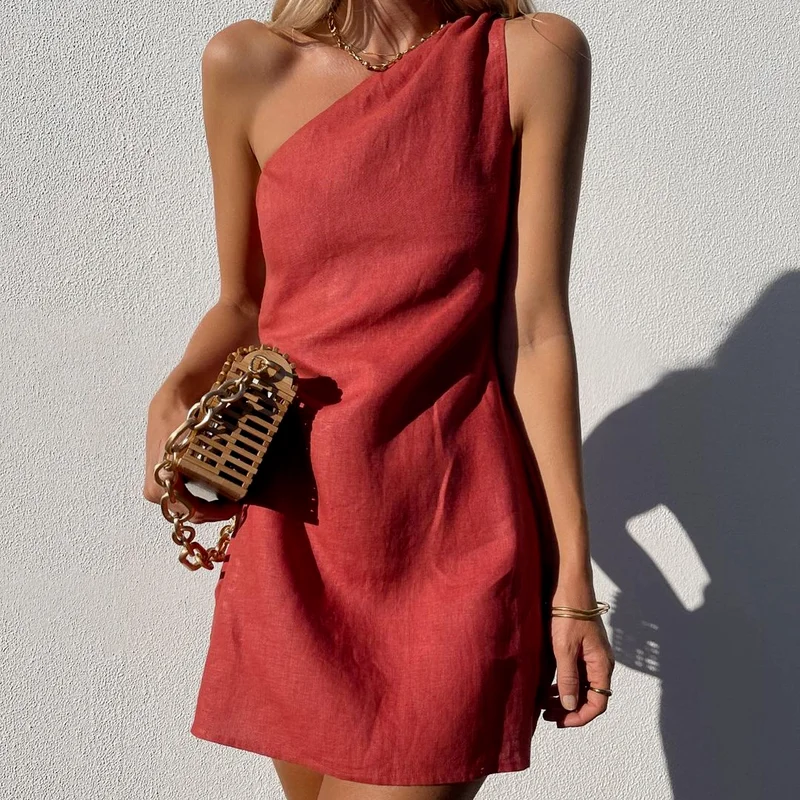 

Elegant and Fashionable Summer Sexy One-shoulder Asymmetric Diagonal Collar Cotton and Linen Casual Loose Comfortable Mini Dress