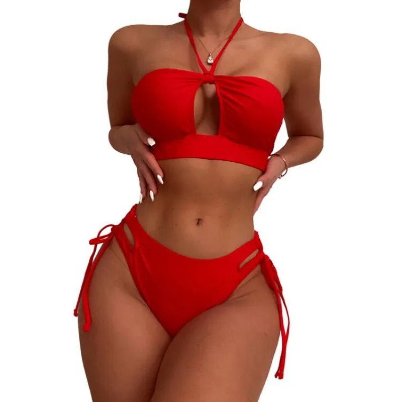 

Two Piece Bikini Set Swimsuit Women Bandage Bra High Waist Panties Swimwear Summer New Hollow Sexy Bathing Suit Bikinis Set 2022