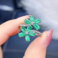 meibapj natural emerald gemstone flower fashion ring for women real 925 sterling silver charm fine wedding jewelry