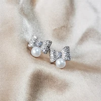 romantic bowknot cubic zirconia imitation pearls stud earrings for women wedding party jewelry wholesale drop shipping