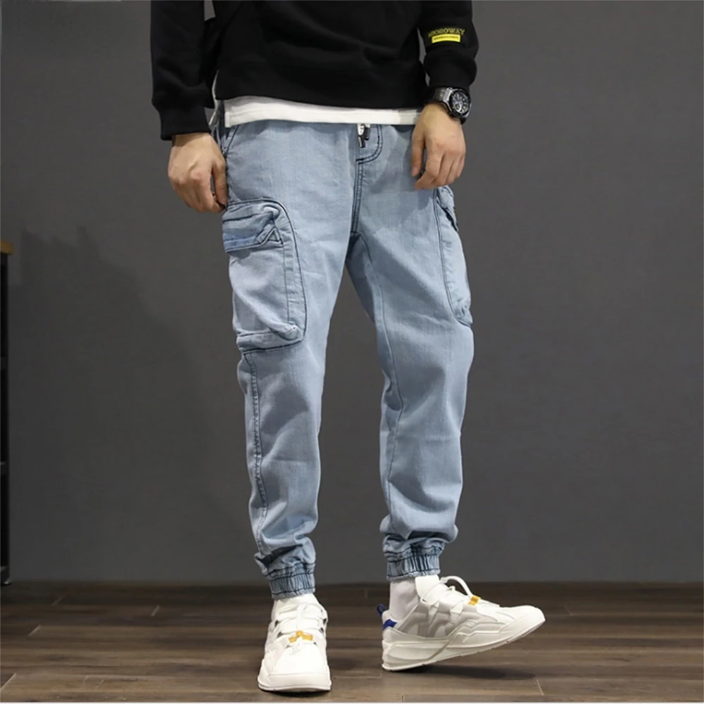 Men's Elastic Waist Loose Harem Jeans Youth Multi-Pouch Bottoms Workwear Casual Pants Elastic Band Leggings Large Size