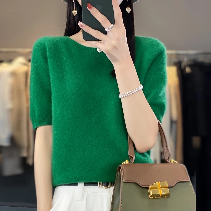 Трикотажная однотонная женская футболка из 100% мериносовой шерсти с короткими