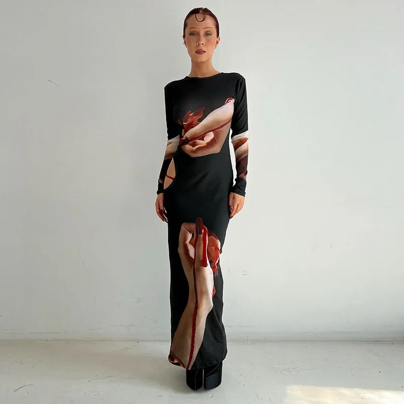 

2023 Summer Fashion New Round Neck Slim Fit Printed Long Sleeve Maxi Dress Sexy Club Dress Elegant Party Dresses for Women