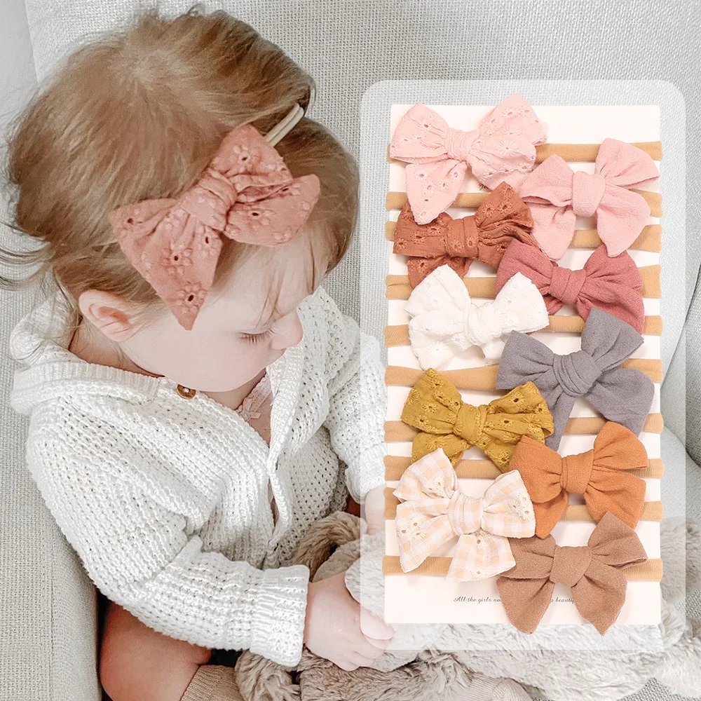 

Хлопковая однотонная повязка на голову с кружевом и вышивкой с бантом для детей, нейлоновая эластичная повязка для волос для девочек, голов...