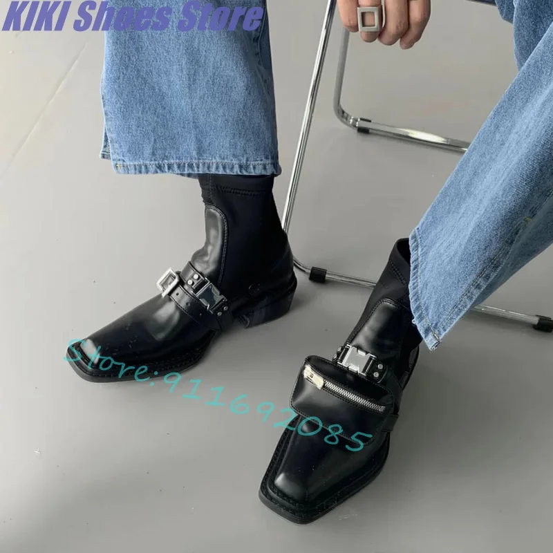 

Women's dark British style three-in-one bag square toe short tube chunky heel Chelsea ankle boots