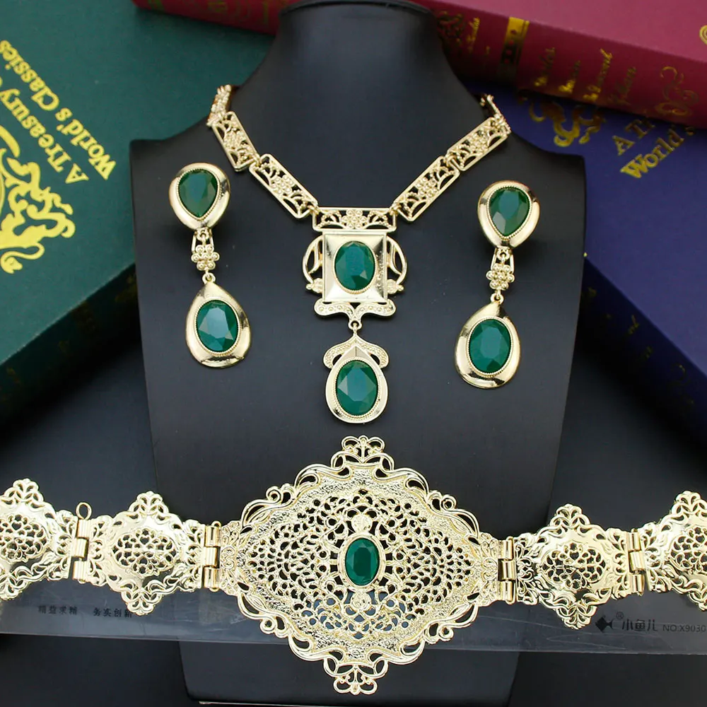 

Neovisson Shining Morocco Women Jewelry Sets Necklace Caftan Waist Belt Long Drop Earrings Crystal Arabic Wedding Clothing Gift