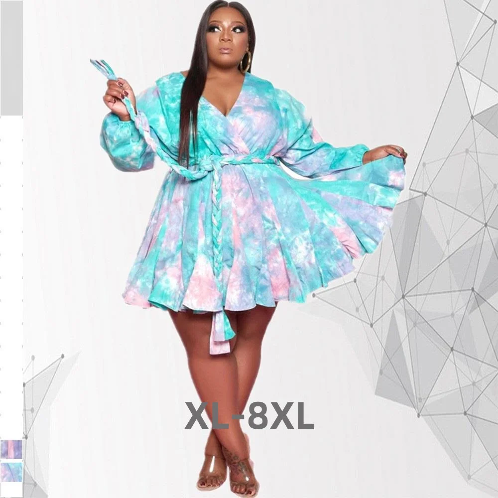 Plus Size Fashion Mini Dress Print v Neck Sexy Long Sleeve Woven Tie Dye Belt Swing Women Dresses Who 3xl 4 xl 5xl 6xl