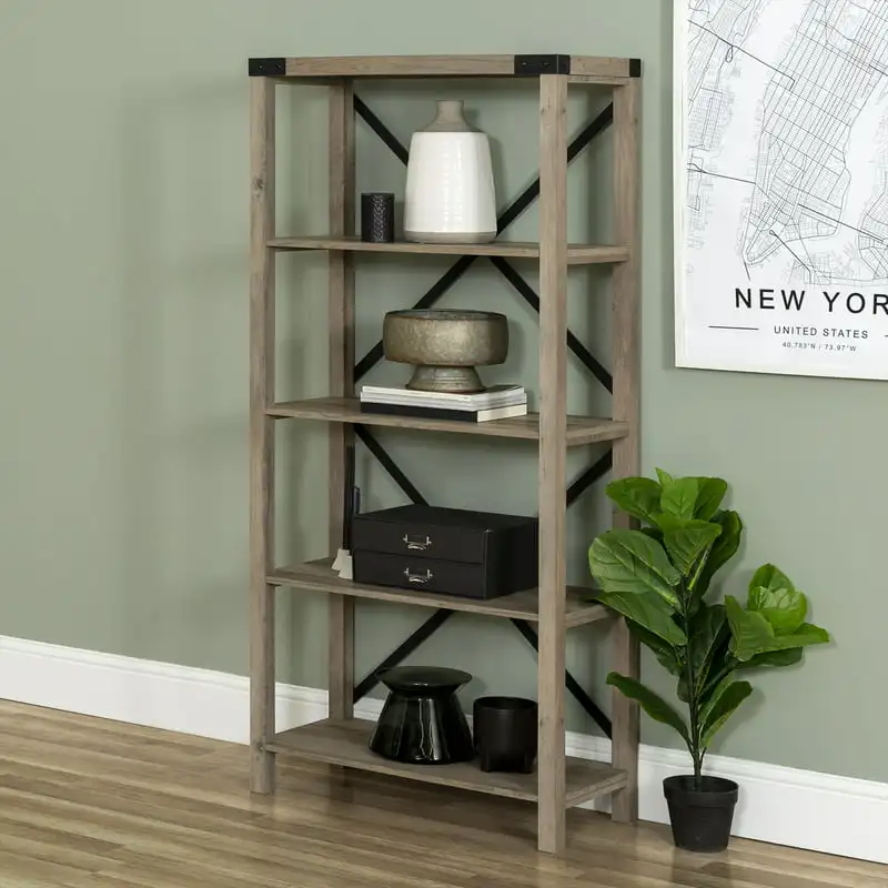 

Rustic Industrial 4-Shelf Bookshelf, Gray Wash