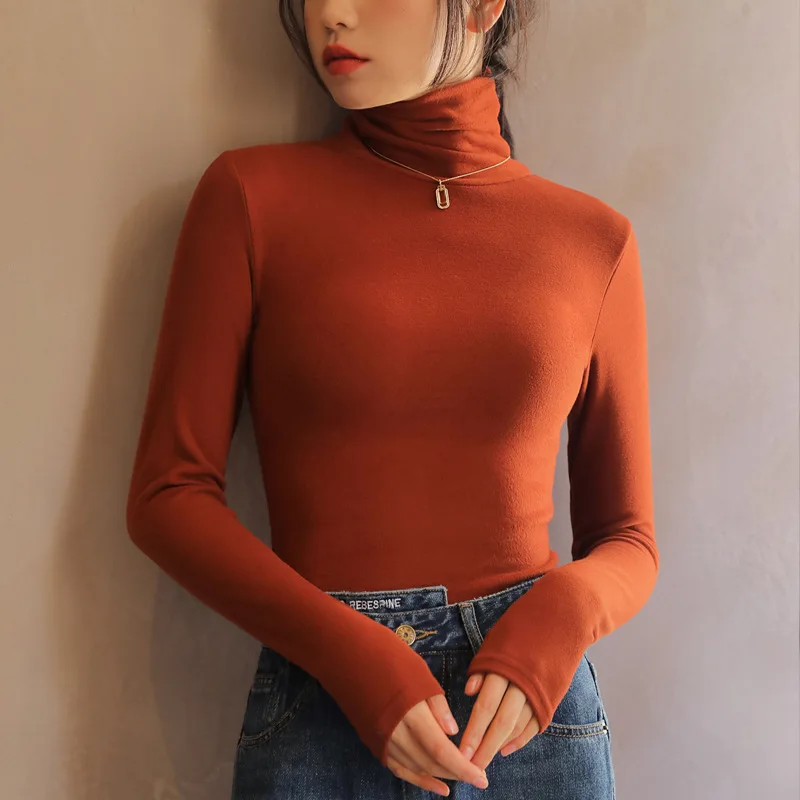 

Korean Style T Shirt Autumn Winter Clothing Long Sleeve Turtleneck Tshirts Thick Warm Body Basic Tops For Lady Slim Simple Solid