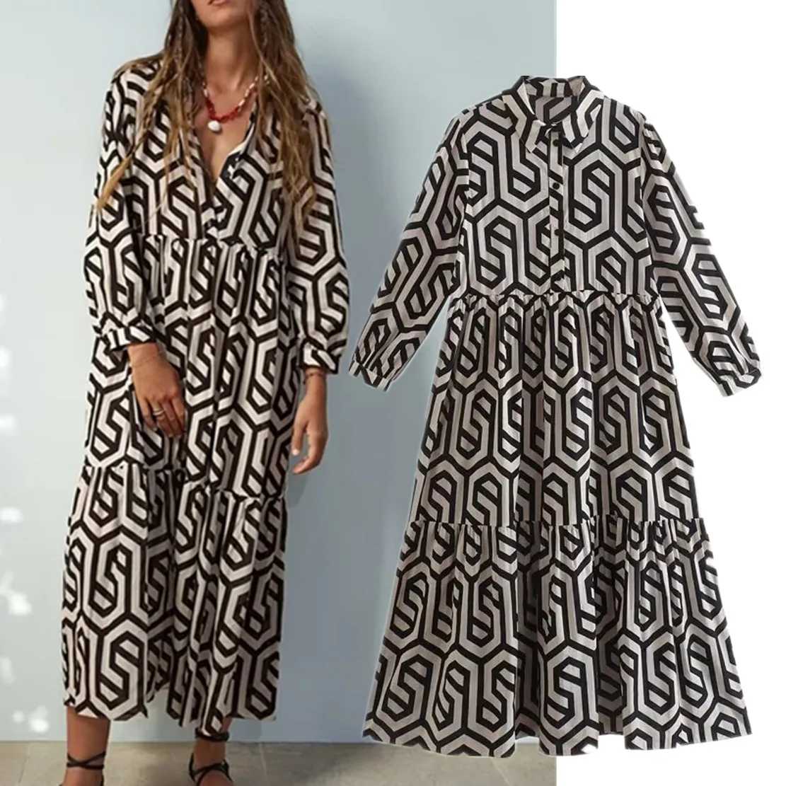 

Maxdutti Geometric Printing Vintage Maxi Dress Women Indie Folk Fashion Dress