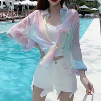 gradient rainbow swimwear women 2022 holiday beach outing outdoor sun proof translucent long sleeve outerwear female cover ups