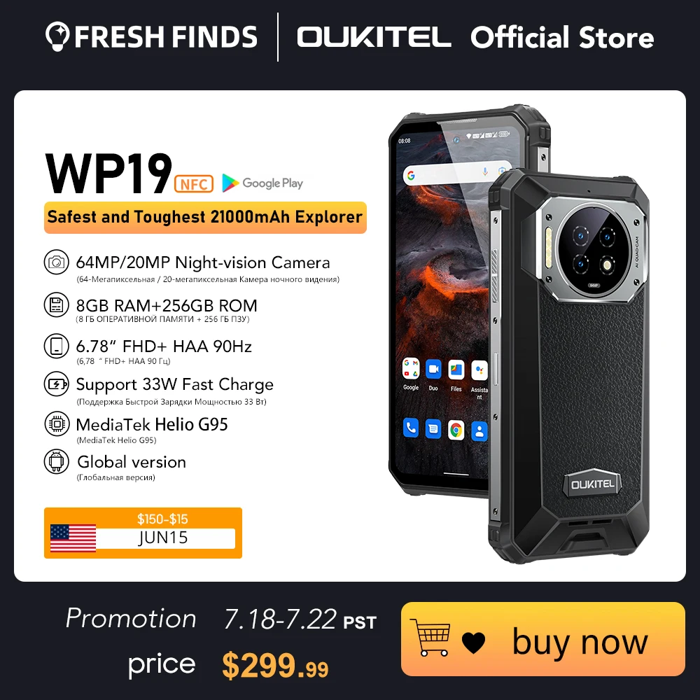 World Premiere Oukitel WP19 Rugged Smartphone 8G +256G 21000mAh Mobile Phone 64M Camera Night Vision 90Hz Helio G95 Cell Phone