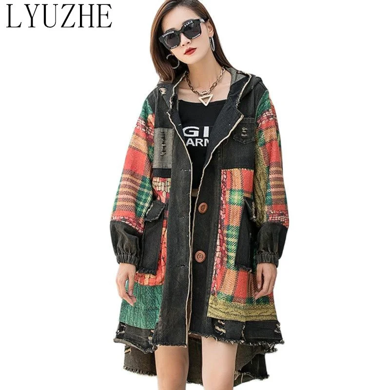 

LYUZHE Vintage Women Patchwork Denim Coat 2023 Spring Autumn Hooded Spliced Female Coat Irregular Hole Women Overcoat QDY378