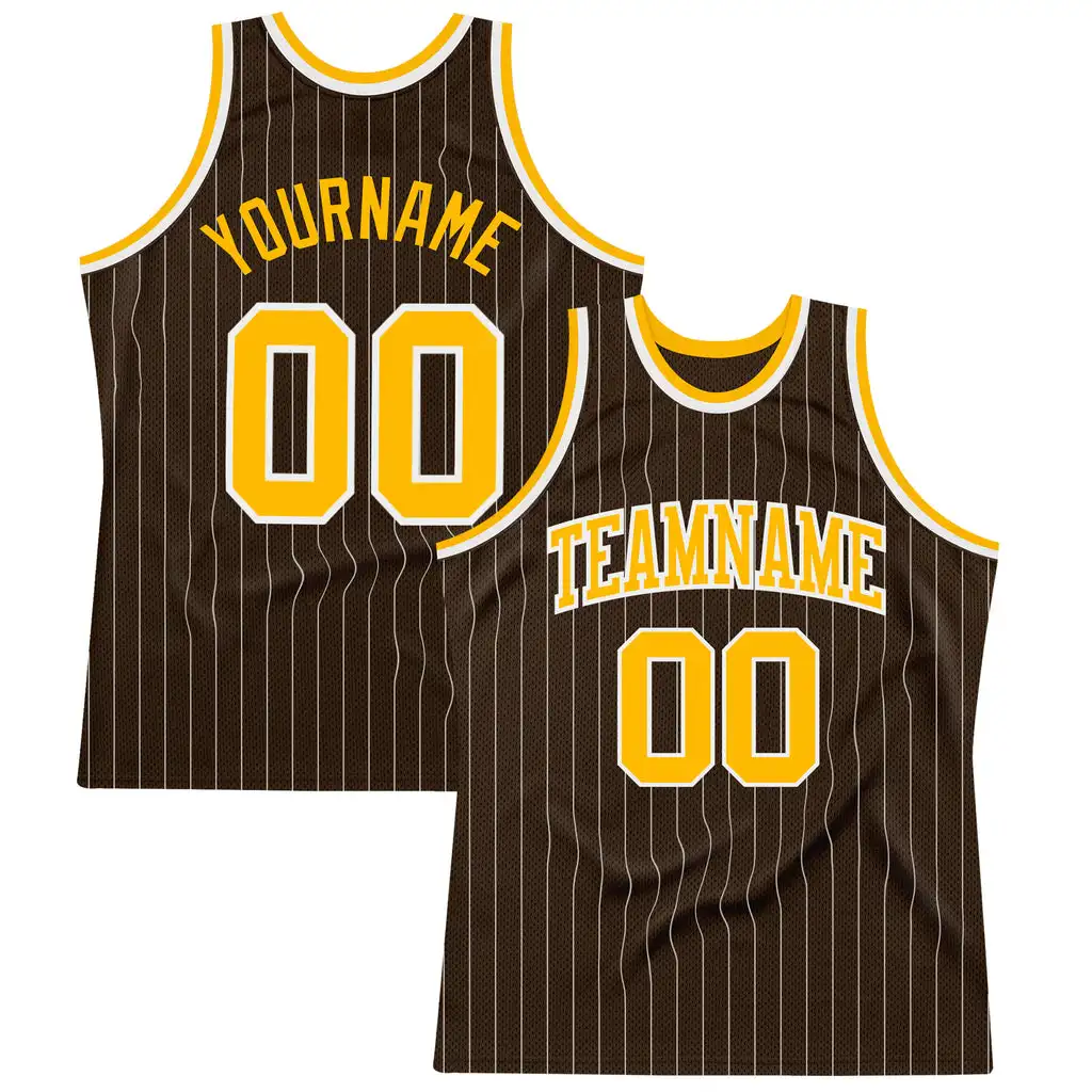 

Custom Brown White Pinstripe Gold Authentic Shirts With Basketball Designs