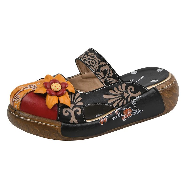 Summer Slippers Casual Vintage Flats Women Printed Leather Boho Beach Sandals Flowers Hollow Out Slip-On Platform Shoes Zapatos