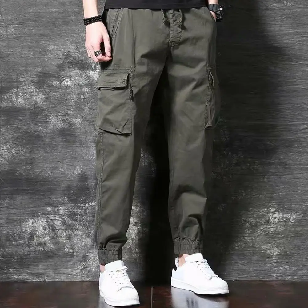 

Men Cargo Pants Solid Color Elastic Waist Multi Pockets Drawstring Loose Streetwear Ankle Tied Long Trousers Harajuku Pantalones