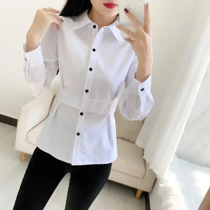 Новинка Весна 2024 Женская приталенная рубашка однотонная универсальный базовый
