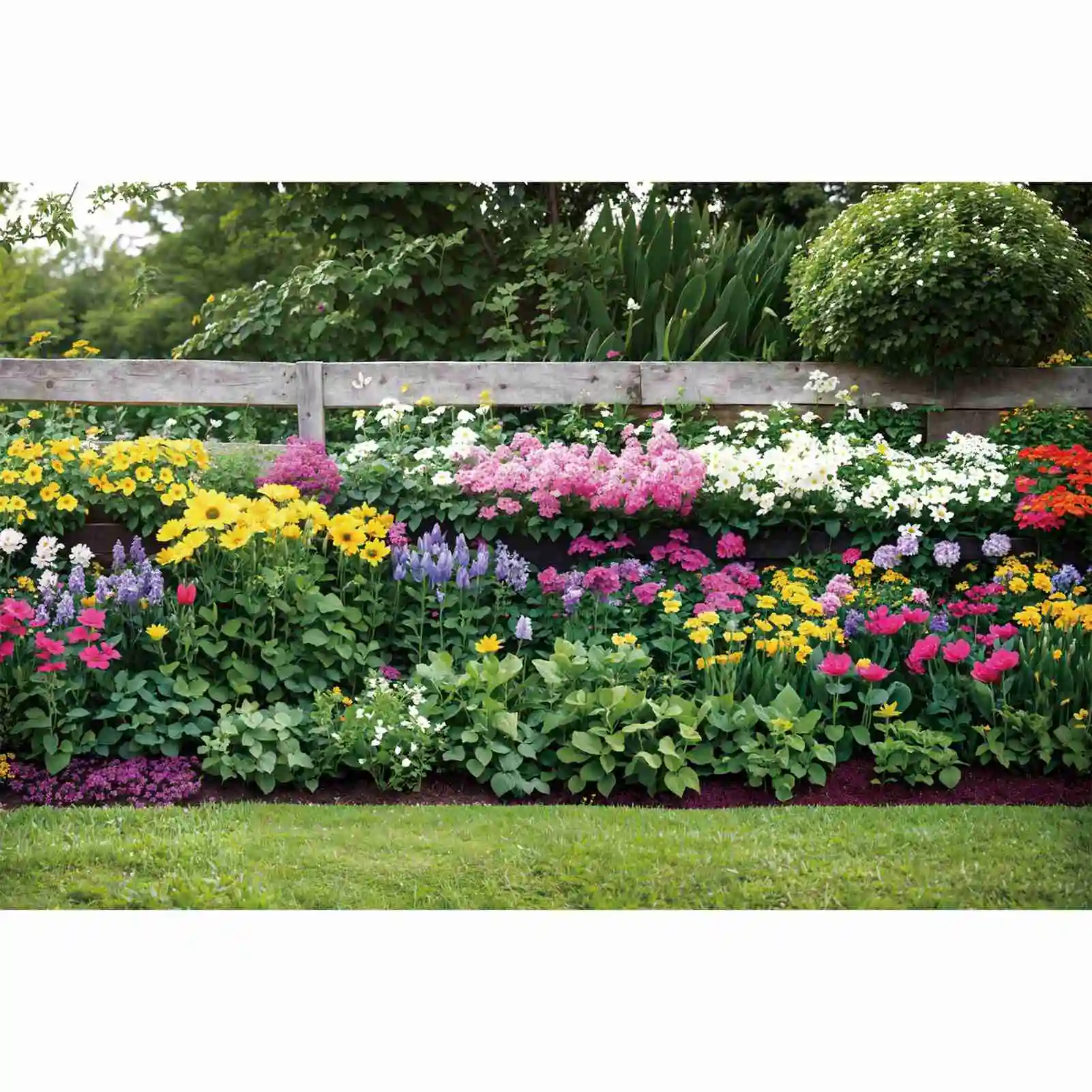 

Spring Garden Flowers Wall Photography Backdrops Green Grassland Wooden Fence Outdoor Scenery Customized Baby Photo Background