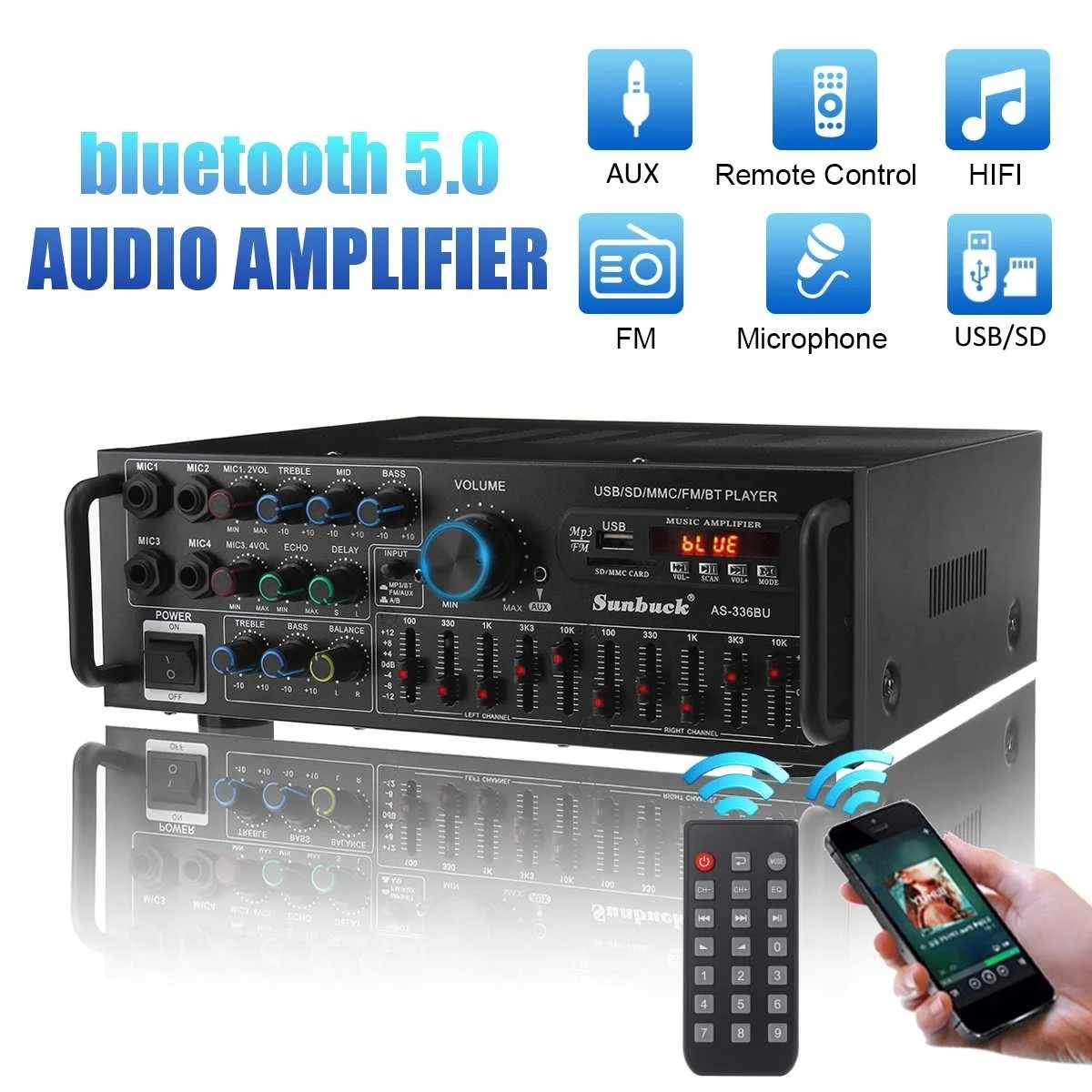 

Go 3000W bluetooth Stereo Amplifier Surround Sound USB SD AMP FM DVD AUX LCD Display Home Cinema Karaoke Remote Control