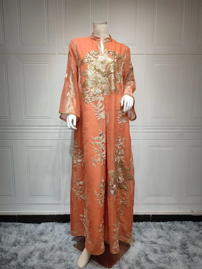 Ramadan Sequins Dubai Abaya Jalabiya Muslim Women Islamic Dress Imitation Linen Emboridery Moroccan Kaftan Evening Party Dresses