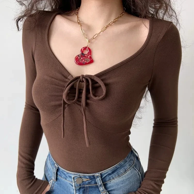

Fashion Spring Fall Sexy V Neck Lacing Long Sleeve Women T-Shirt Office Lady Casual Clothes Lovely Girl Undershirt Party Gift