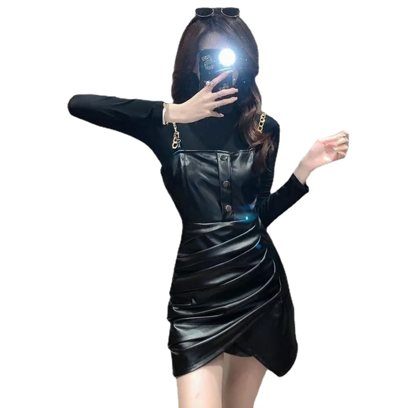 

Suspender Small Leather Skirt Autumn Women's Fashion Temperament Slim PU Leather Dress Damp Cotton Bottomed Shirt