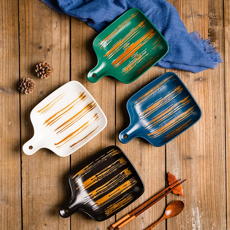 

Квадратная ручная тарелка, домашняя креативная подглазурованная цветная ручка, противень для выпечки, персонализированная тарелка для суш...